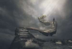 Man walks up a scary set of steps.