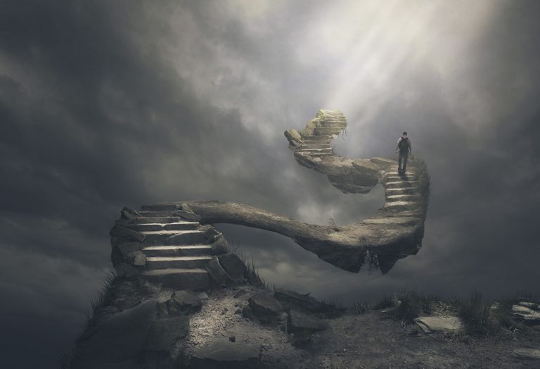 Man walks up a scary set of steps.